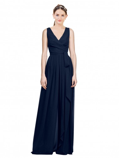 Chiffon V-Neck Sleeveless Dark Navy Long Wedding Party Dress Essex
