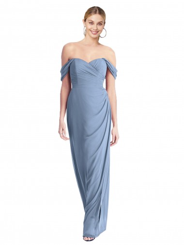 Soft Chiffon Off the Shoulder Sleeveless Low Back Dusty Blue Long Semi Formal Evening Dress / Bridesmaid Dress Essex