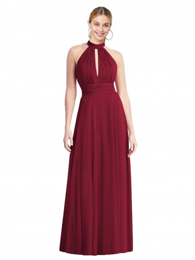 Soft Chiffon Halter Neck Sleeveless Open Back Burgundy Long Semi Formal Evening Dress / Bridesmaid Dress Essex