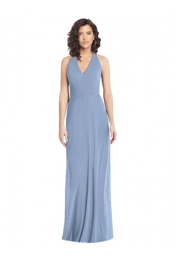 Soft Chiffon Halter Neck Sleeveless Open Back Dusty Blue Long Formal Evening Gown / Bridesmaid Dress Essex