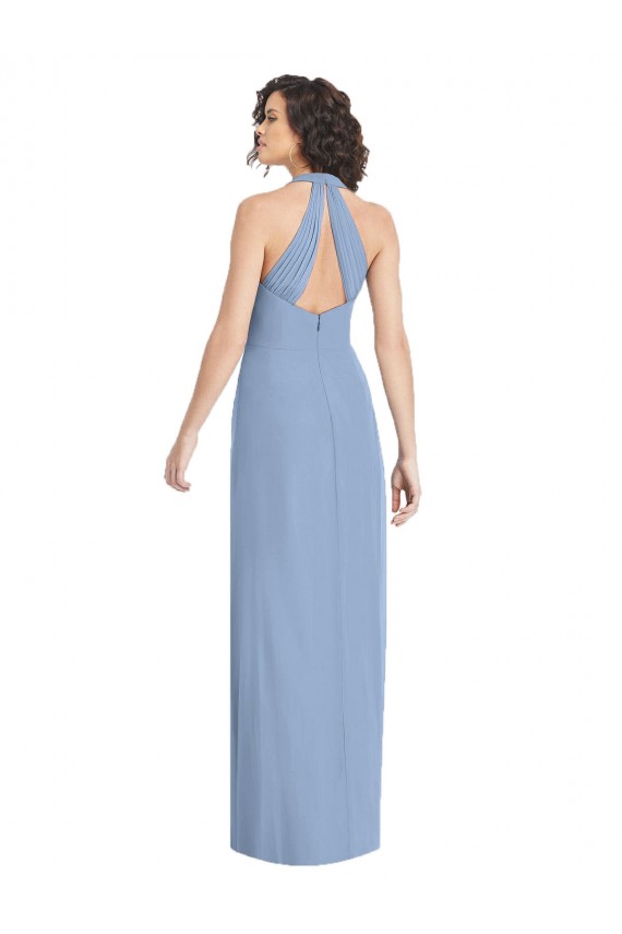 Soft Chiffon Halter Neck Sleeveless Open Back Dusty Blue Long Formal Evening Gown / Bridesmaid Dress Essex