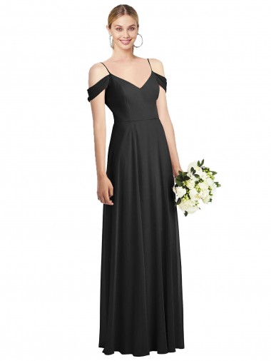 Soft Chiffon Spaghetti Straps Cold Shoulder Black Long Semi Formal Evening Dress / Bridesmaid Dress Essex