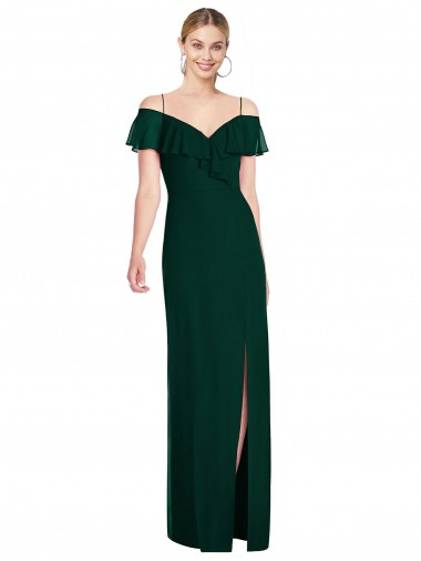 Soft Chiffon Spaghetti Straps Cold Shoulder Ever Green Long Semi Formal Evening Dress / Bridesmaid Dress Essex