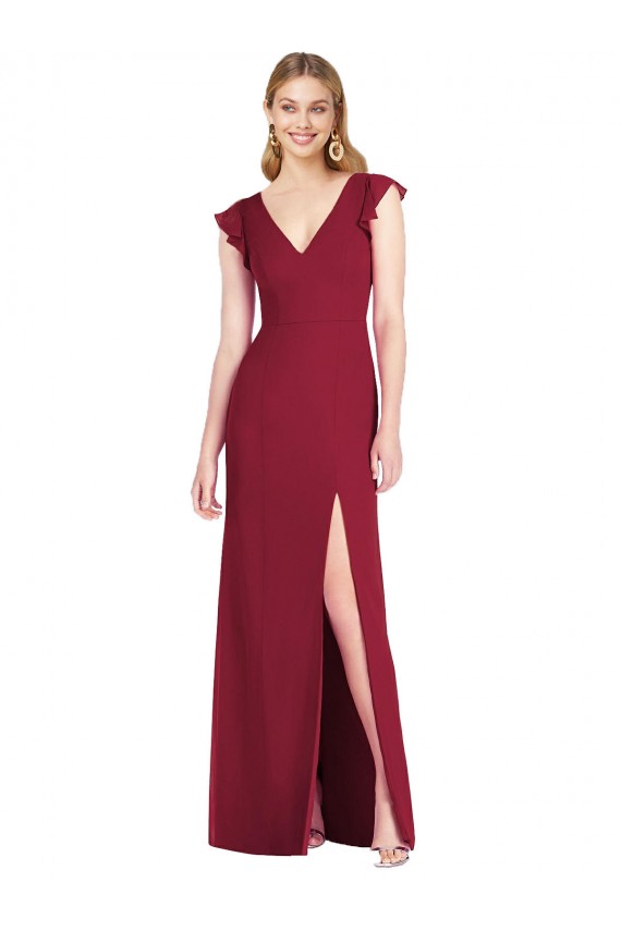 Soft Chiffon V-Neck Ruffle Sleeves Tie Back Long Bridesmaid Dress Essex
