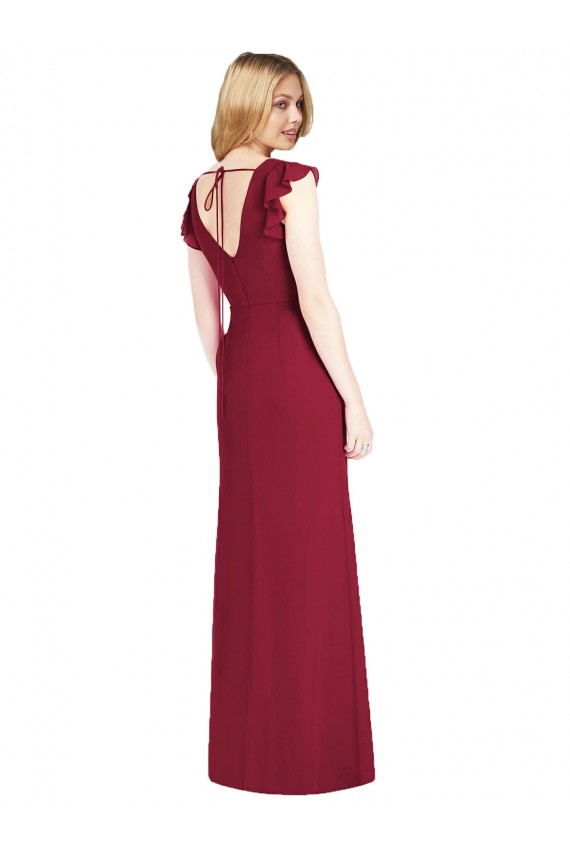 Soft Chiffon V-Neck Ruffle Sleeves Tie Back Long Bridesmaid Dress Essex