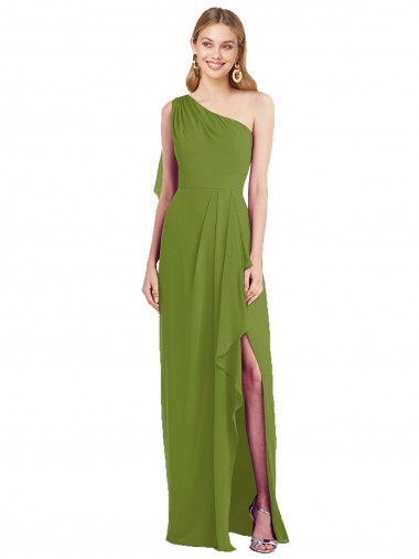 Soft Chiffon One Shoulder Sleeveless Olive Green Long Bridesmaid Dress Essex
