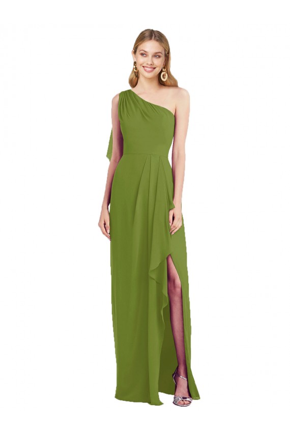 Soft Chiffon One Shoulder Sleeveless Olive Green Long Bridesmaid Dress Essex