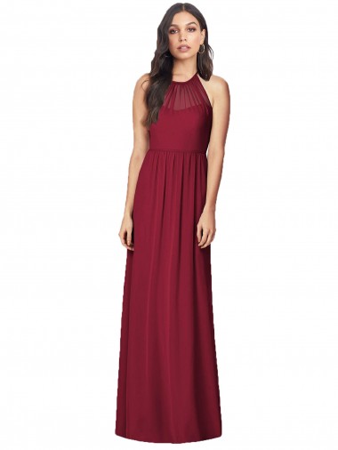Soft Chiffon Halter Neck Sleeveless Burgundy Long Bridesmaid Dress Essex