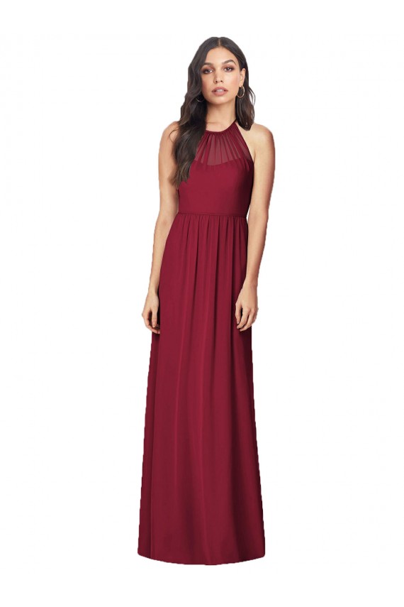 Soft Chiffon Halter Neck Sleeveless Burgundy Long Bridesmaid Dress Essex