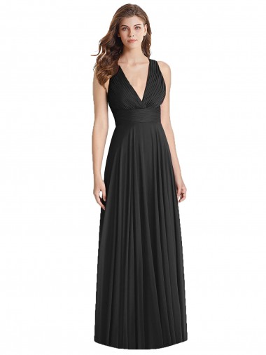 Soft Chiffon V-Neck Sleeveless Open Back Black Long Bridesmaid Dress Essex