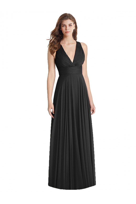 Soft Chiffon V-Neck Sleeveless Open Back Black Long Bridesmaid Dress Essex