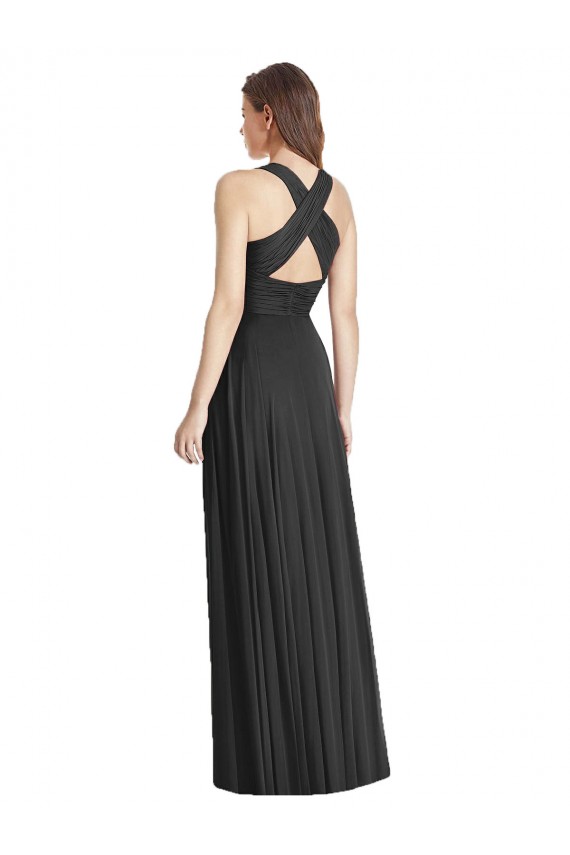 Soft Chiffon V-Neck Sleeveless Open Back Black Long Bridesmaid Dress Essex