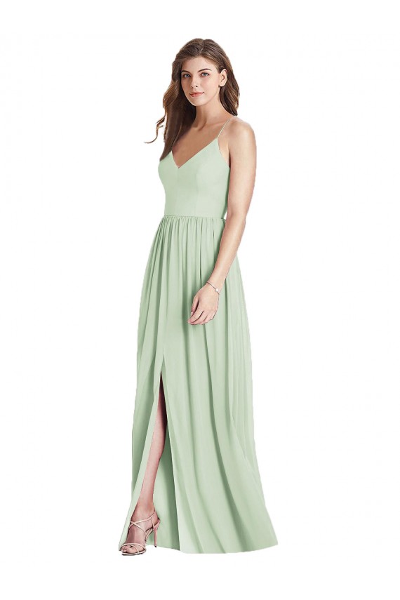 Soft Chiffon Spaghetti Straps Sleeveless Open Back Sage Long Semi Formal Evening Dress / Bridesmaid Dress Essex