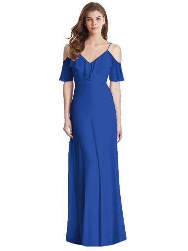 Soft Chiffon Spaghetti Straps Cold Shoulder V-Back Long Semi Formal Evening Dress / Bridesmaid Dress Essex