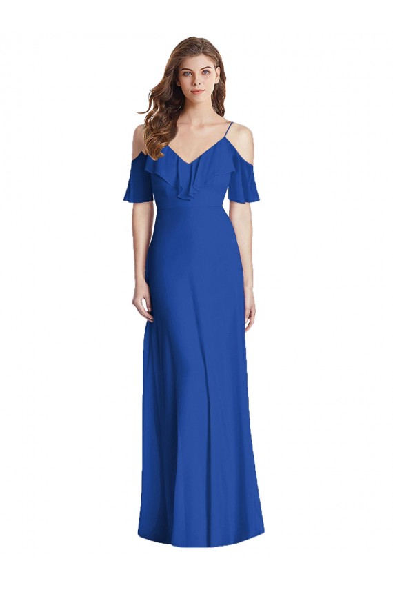 Soft Chiffon Spaghetti Straps Cold Shoulder V-Back Long Semi Formal Evening Dress / Bridesmaid Dress Essex