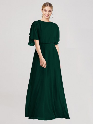 Soft Chiffon Round Neck Flutter Sleeves Tie Back Long Bridesmaid Dress Essex