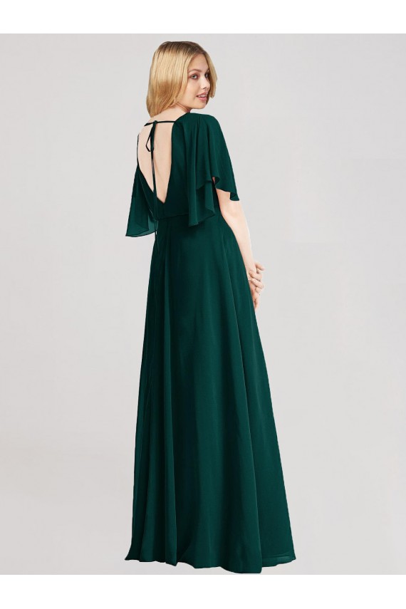 Soft Chiffon Round Neck Flutter Sleeves Tie Back Long Bridesmaid Dress Essex