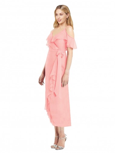 Soft Chiffon Spaghetti Straps Cold Shoulder Cocktail Length High Low Bridesmaid Dress Essex
