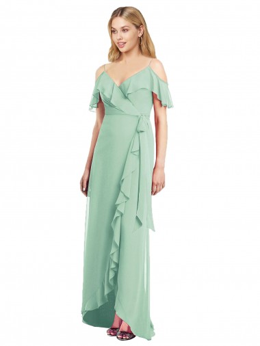 Soft Chiffon Spaghetti Straps Cold Shoulder Long High Low Bridesmaid Dress Essex