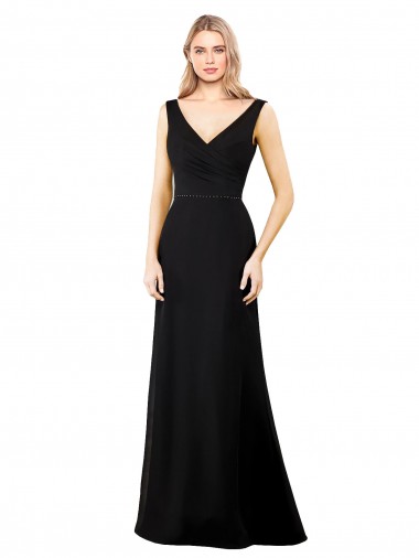 Soft Chiffon V-Neck Sleeveless V-Back Black Long Prom Dress / Bridesmaid Dress Essex