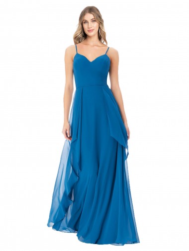 Soft Chiffon Spaghetti Straps Sleeveless Peacock Blue Long Bridesmaid Dress Essex