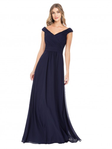 Soft Chiffon Off the Shoulder Sleeveless Dark Navy Long Evening Dress / Bridesmaid Dress Essex