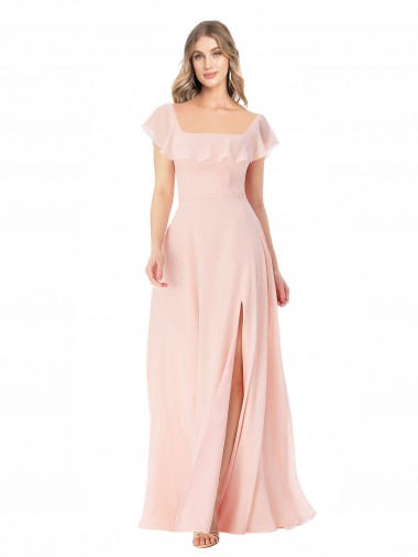 Soft Chiffon Square Neck Cap Sleeves Long Formal Dress / Bridesmaid Dress Essex