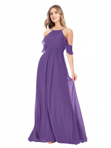 Soft Chiffon Off the Shoulder Cold Shoulder Plum Purple Long Bridesmaid Dress Essex