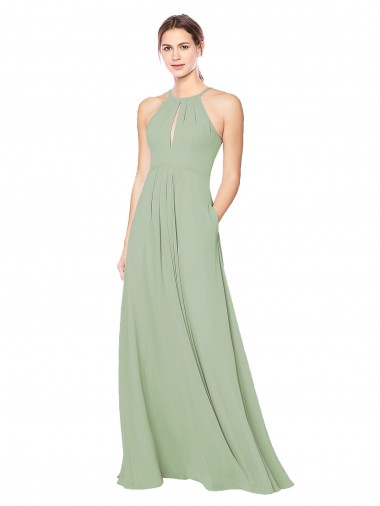 Soft Chiffon Halter Neck Sleeveless Keyhole Back Smoke Green Long Bridesmaid Dress Essex