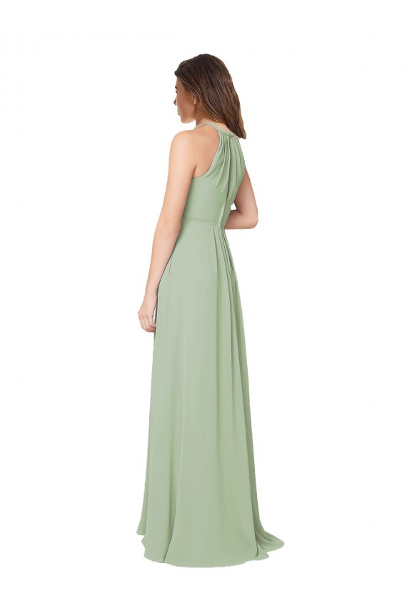 Soft Chiffon Halter Neck Sleeveless Keyhole Back Smoke Green Long Bridesmaid Dress Essex