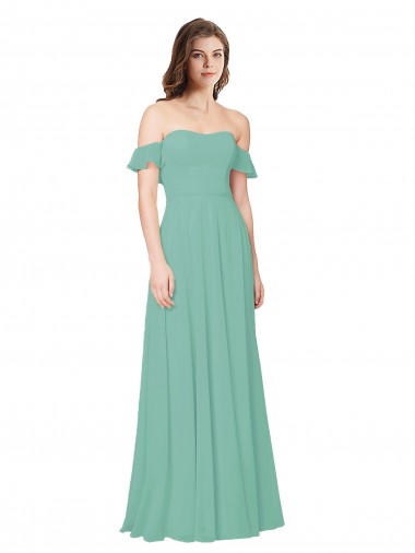 Soft Chiffon Off the Shoulder Flounce Sleeves Open Back Long Bridesmaid Dress Essex