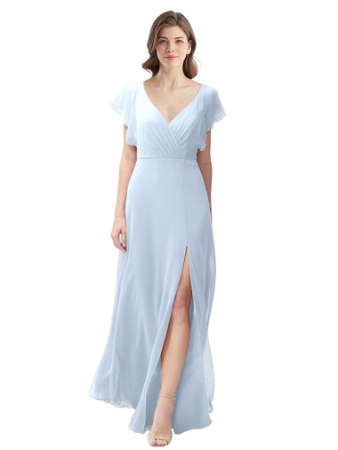Soft Chiffon V-Neck Flutter Sleeves Open Back Long Bridesmaid Dress / Formal Dress Essex