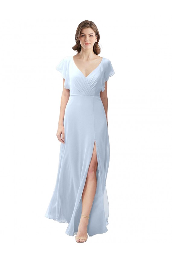 Soft Chiffon V-Neck Flutter Sleeves Open Back Long Bridesmaid Dress / Formal Dress Essex