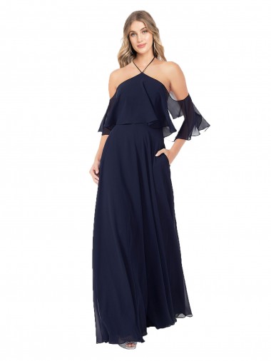 Soft Chiffon Halter Neck Flutter Sleeves Long Formal Dress / Bridesmaid Dress Essex