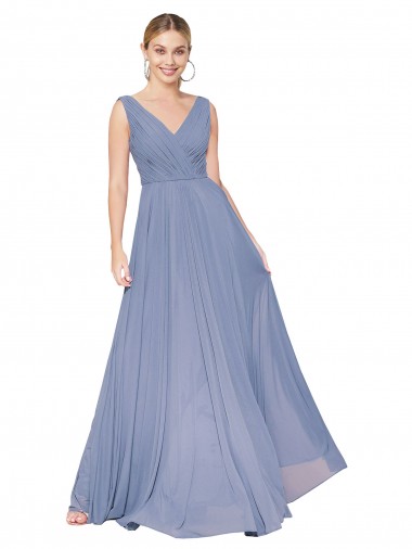 Soft Chiffon V-Neck Sleeveless V-Back Dusty Blue Long Formal Evening Gown / Prom Dress / Bridesmaid Dress Essex