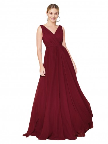 Soft Chiffon V-Neck Sleeveless V-Back Burgundy Long Formal Dress / Bridesmaid Dress Essex