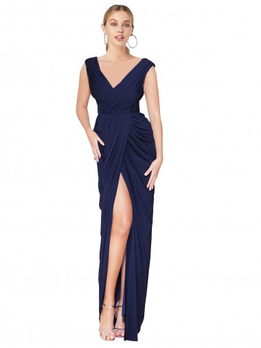 Soft Chiffon V-Neck Sleeveless V-Back Dark Navy Long Formal Evening Gown / Prom Dress / Bridesmaid Dress Essex