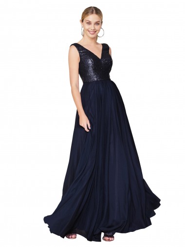 Soft Chiffon & Sequin V-Neck Sleeveless V-Back Long Semi Formal Evening Gown / Prom Dress / Bridesmaid Dress Essex