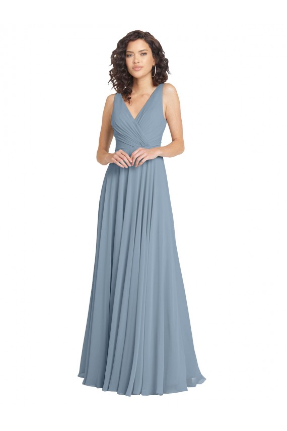 Soft Chiffon V-Neck Sleeveless V-Back Dusty Blue Long Bridesmaid Dress Essex