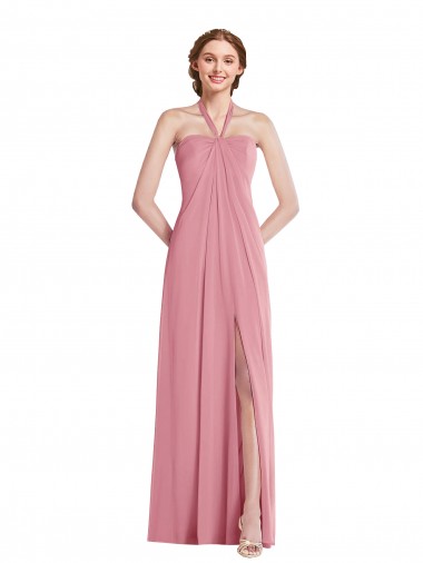 Soft Chiffon Halter Neck Sleeveless Open Back Skin Pink Long Semi Formal Evening Dress / Bridesmaid Dress Essex
