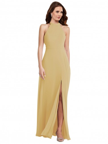 Soft Chiffon Halter Neck Sleeveless Open Back Gold Long Semi Formal Evening Dress / Bridesmaid Dress Essex