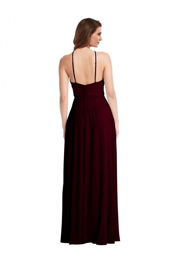 Soft Chiffon Spaghetti Straps Sleeveless Low Back Burgundy Gold Long Semi Formal Evening Dress / Bridesmaid Dress Essex