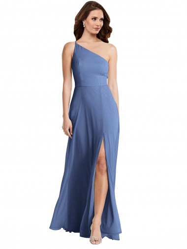Soft Chiffon One Shoulder Sleeveless Windsor Blue Long Formal Evening Gown / Bridesmaid Dress Essex