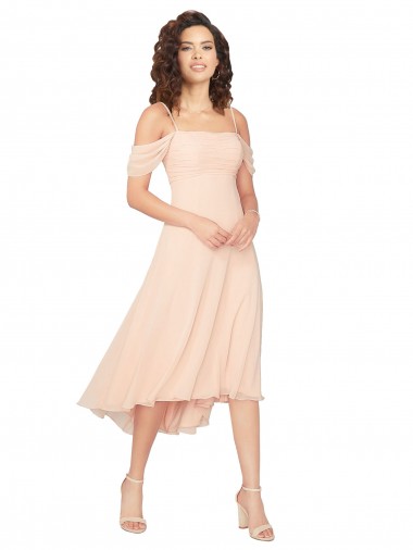 Soft Chiffon Square Neck Cold Shoulder Low Back Midi Length High Low Bridesmaid Dress Essex