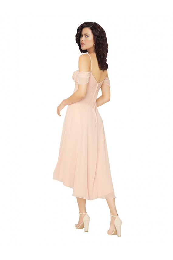 Soft Chiffon Square Neck Cold Shoulder Low Back Midi Length High Low Bridesmaid Dress Essex