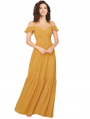 Soft Chiffon V-Neck Cold Shoulder Keyhole Back Long Bridesmaid Dress Essex