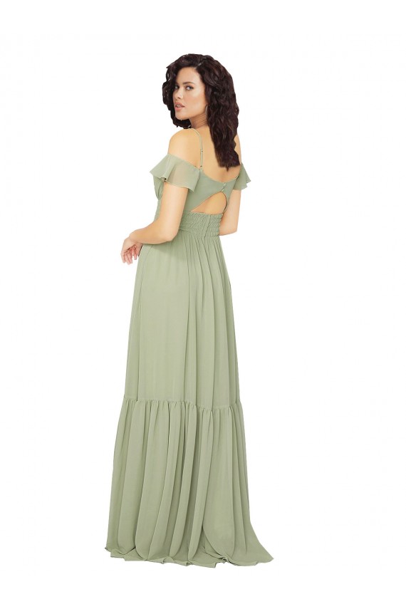 Soft Chiffon V-Neck Cold Shoulder Keyhole Back Long Bridesmaid Dress Essex