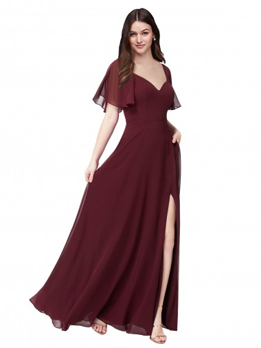 Soft Chiffon Sweetheart Short Flutter Sleeves Keyhole Back Long Formal Dress / Bridesmaid Dress Essex