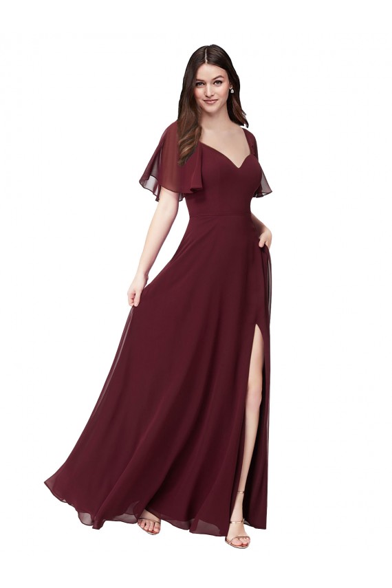Soft Chiffon Sweetheart Short Flutter Sleeves Keyhole Back Long Formal Dress / Bridesmaid Dress Essex