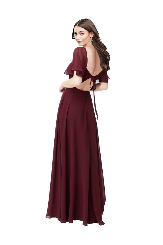 Soft Chiffon Sweetheart Short Flutter Sleeves Keyhole Back Long Formal Dress / Bridesmaid Dress Essex